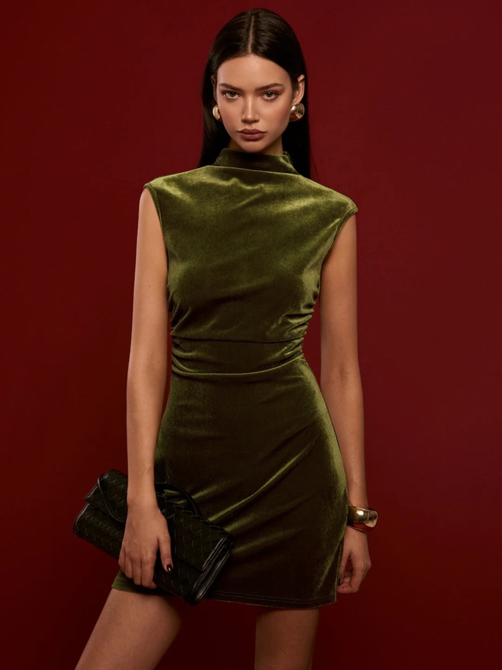 Commense Olive Velvet High-Neck Sleeveless Mini Dress